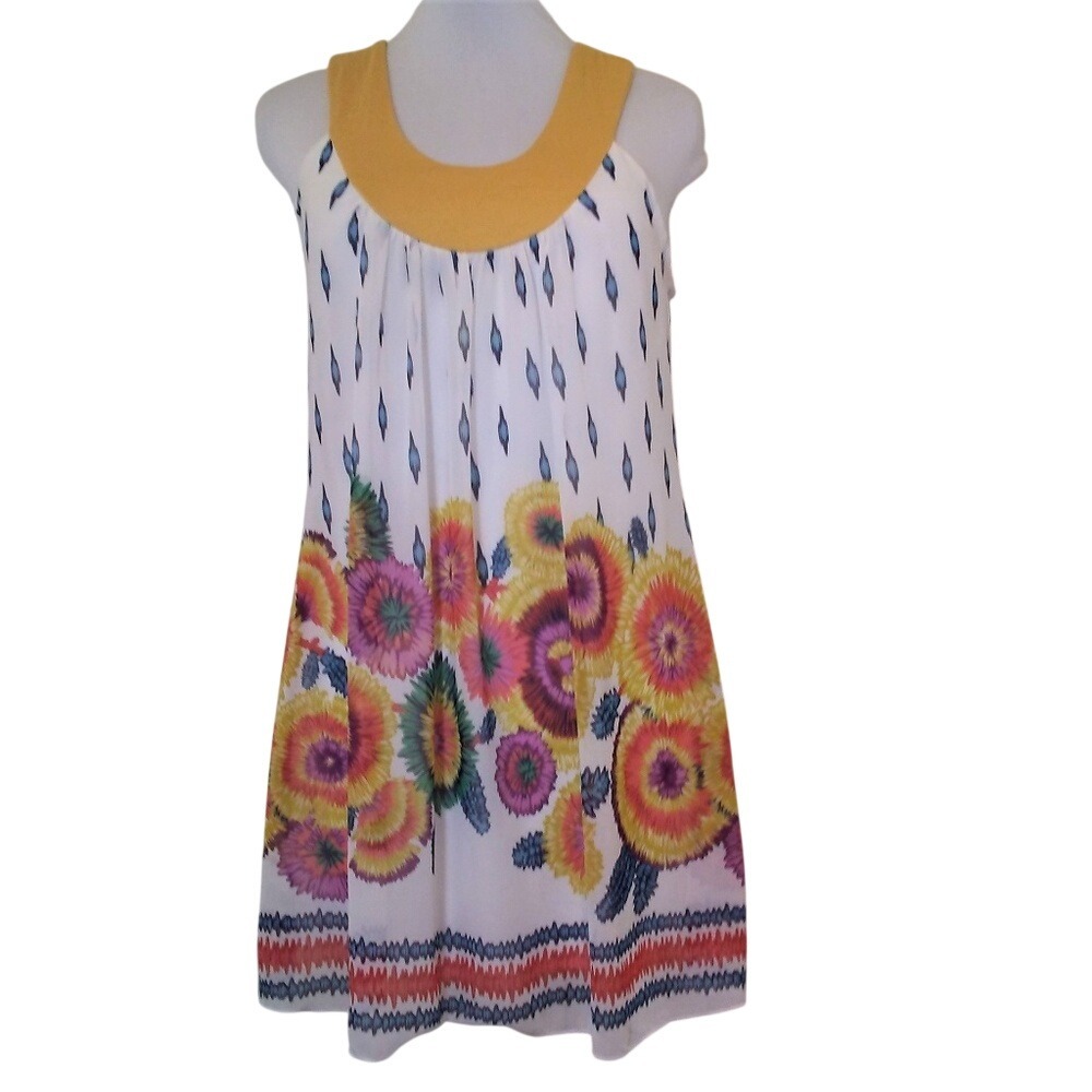 Body Central White Floral Ikat Chiffon Mini Dress Yellow Crochet Butterfly Back